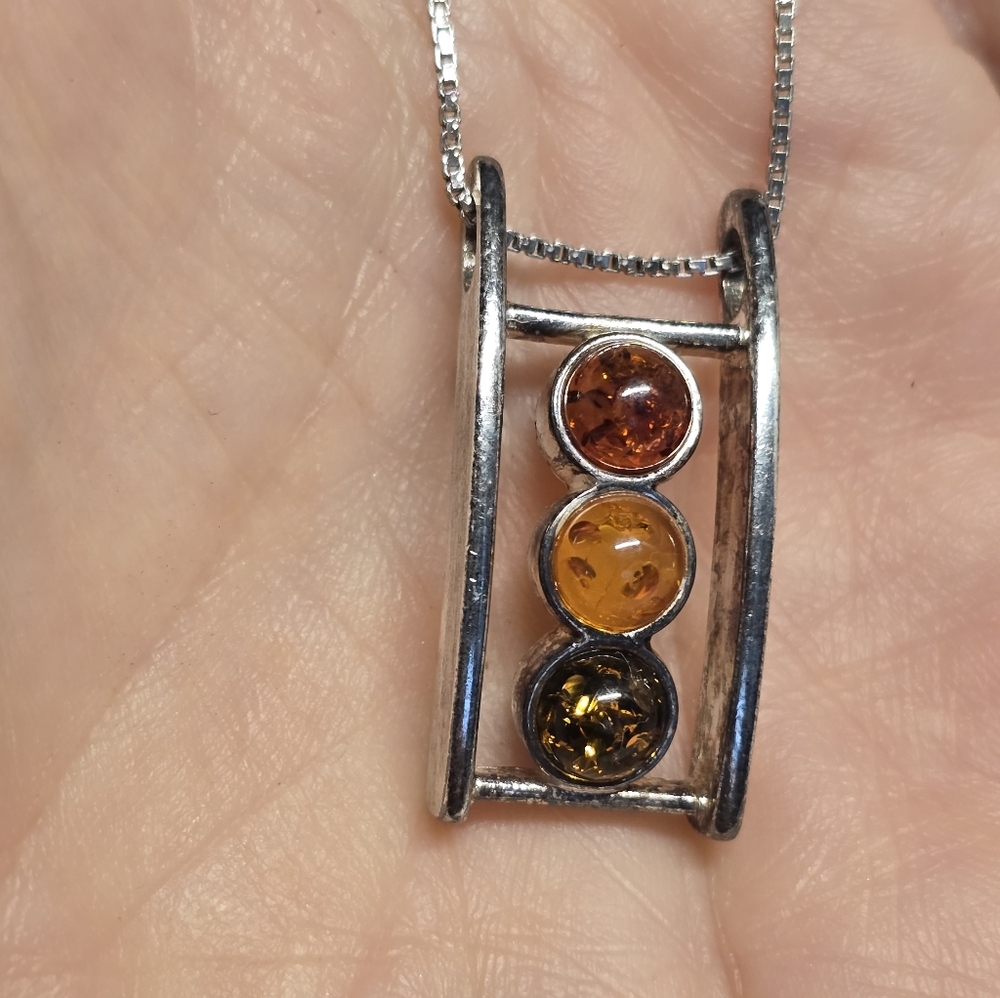 Sterling Silver Pendant Necklace With Three Round Baltic Amber Stones 30" Chain